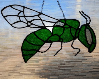 Stained Glass Green Bee in textured glass