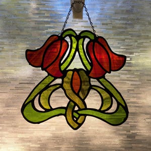 Stained Glass Art Nouveau Floral Panel - red flowers