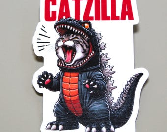 Catzilla Sticker, Funny Cat Sticker,  Funny Vinyl Sticker, PREMIUM Quality, Laminated, Glossy Finish, Waterproof.