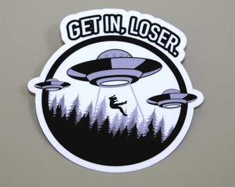 UFO Alien Funny Sticker, PREMIUM Quality, Laminated, Glossy Finish, Weatherproof, Waterproof, U.V Protection