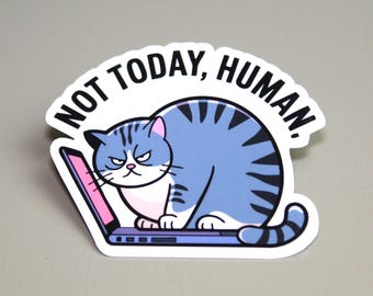 Not Today Human Cat Sticker, Funny Laptop Decal, Glossy Laminated Vinyl