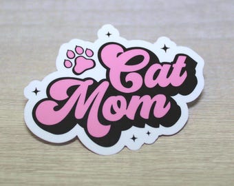 Pegatina de mamá gata, fuente retro, calidad premium, laminada, acabado brillante.