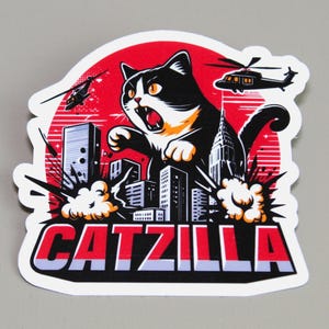 Funny Catzilla Sticker, Funny Cat Sticker, Funny Vinyl Sticker, PREMIUM Quality, Laminated, Glossy Finish, Waterproof.
