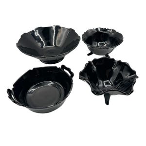 LE Smith Black Amethyst Glass Bowls | Set of 4 Footed Ruffled Vintage Halloween
