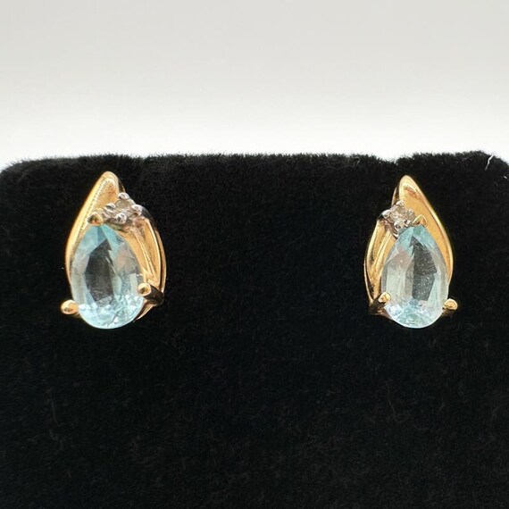 Blue Topaz and Diamond 14k Gold Stud Earrings Pea… - image 2