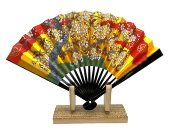 Kyoto Gold Sensu Japanese Folding Fan Hand Painted Sakura Cherry Tree Pattern with Original Stand and Box