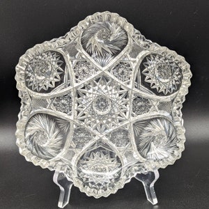 Antique American Brilliant Cut Glass Bowl Sawtooth Scalloped Hobstars Pinwheels