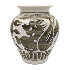 Chinese Cizhou Style Studio Pottery Vase Crock Pot Jar w Mermaid Dragon Loong Xiang Yun Artist Signed