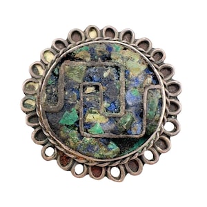 Vintage Taxco EVM Sterling Silver Brooch Pendant with Crushed Turquoise Inlays c 1940s