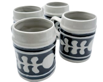 Williamsburg Pottery Mugs Cobalt Salt Glaze Rustic | Vintage Blue Stoneware Coffee Beer Mugs Set of Four
