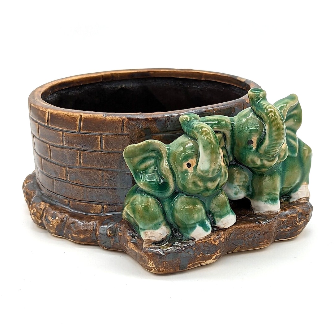 Vintage Majolica Lucky Elephant Planter Two Green Elephants Trunks up ...