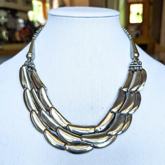 Vintage Silver Tone Modernist Statement Bib Neckl… - image 4