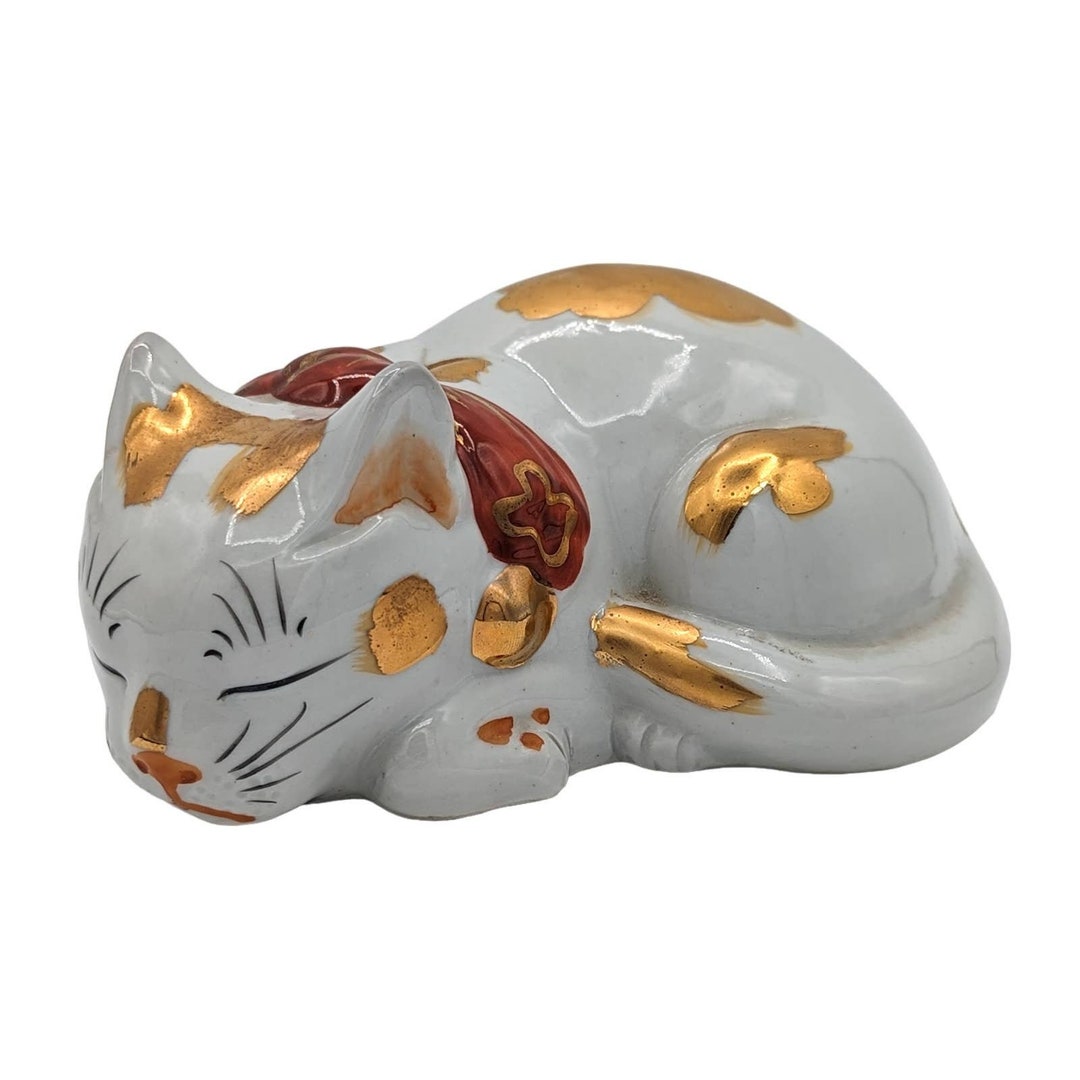 Vintage Signed Kutani Japanese Sleeping Cat Hand Painted W Etsy
