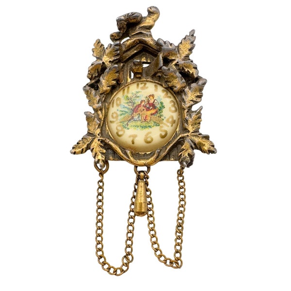 Vintage Upcylced Taylor Gold Tone Cuckoo Clock Brooch with Courting Couple Face and Faux Arms