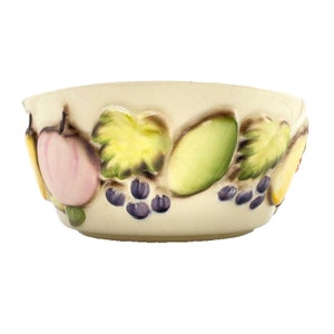 May include: A white ceramic bowl with a raised design of fruit and leaves. The bowl has a pink apple, green leaves, a green pear, and purple grapes.