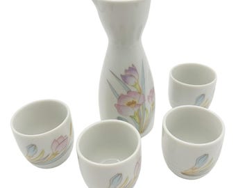Vintage 1980s Floral Sake Set - Pink Pastel Watercolor Tulip Design 5-pc by Otagiri or Nakagama?