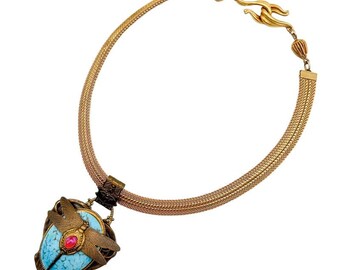 Patrice Art Nouveau Style Dragonfly Necklace Gold Tone with Faux Turquoise Stone Dragon&#39;s-Breath Opal and Stag Relief