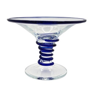 Sasaki Azzuro Blue Art Glass Compote with Cobalt Blue Spiral and Trim