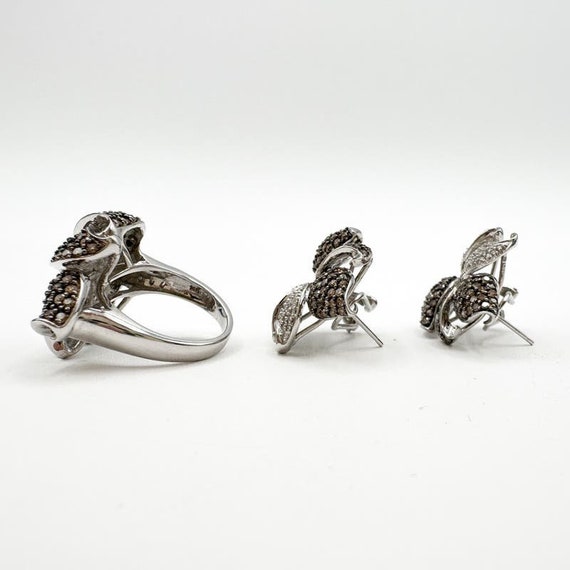 Champagne Brown and White Diamond Leaf Ring and E… - image 3