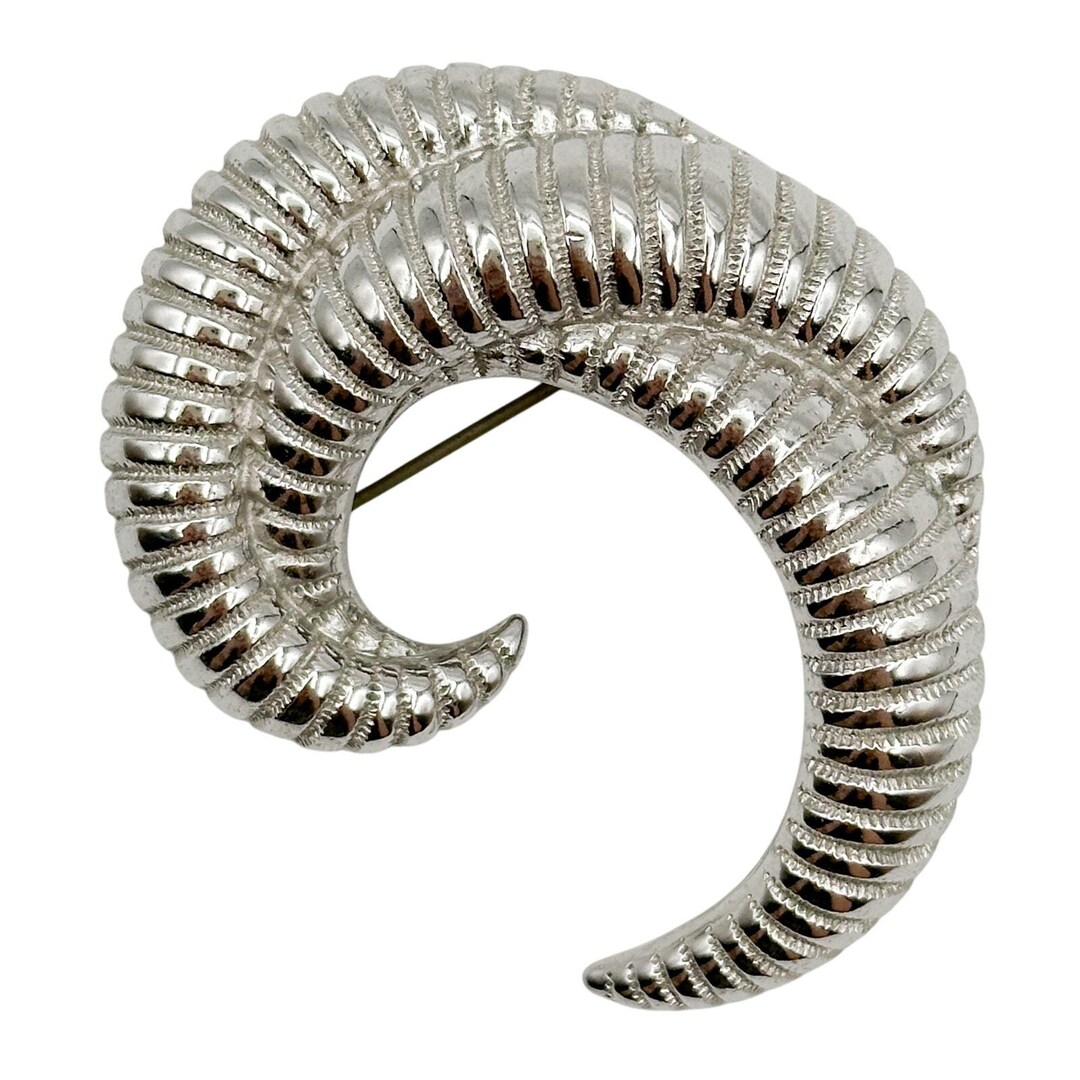 Monet Rams Horn Brooch | Vintage Silver Tone Modernist Ribbed C-shaped ...