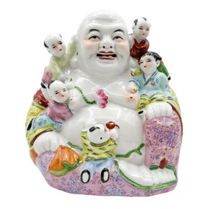 Vintage Laughing Buddha Large Chinese Famille Rose Porcelain Statue Figurine Climbing Children Made in China Signed