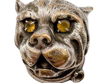 Antique Bulldog Brooch Pin Unger Brothers Victorian Silver Plated w/ Yellow Paste Eyes C Clasp Tube Hinge Unique Unusual Statement Jewelry