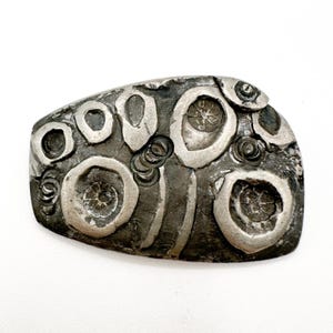 Brutalist Egg Shaped Pewter Brooch | Abstract Modernist Circle Design Metal Pin | Mid Century Modern Vintage Artisan Jewelry Unsigned