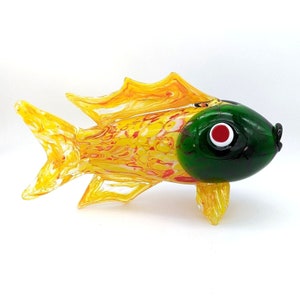 Large Murano Style Hand Blown Art Glass Fish Figurine Yellow Green and Red