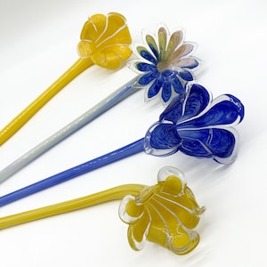 Set of Four Murano Style Art Glass Flowers | Elegant Blue and Yellow Long Stem Lampwork Blooms | Approx. 20&quot; | Stunning Glass Flower Decor