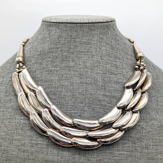 Vintage Silver Tone Modernist Statement Bib Neckl… - image 2