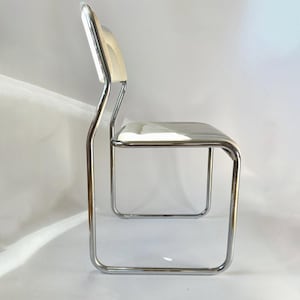 1970s Marcel Breuer Style Side Chair Rare Bauhaus Cantilevered Infinity Chrome-Plated Tubular Steel w White Faux Leather
