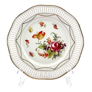 Vintage Bavarian Floral Plate Reticulated Hand Painted w Mixed Bouquet Scrolls Gold Trim Rim and Garland Embellishment Marked with Sticker