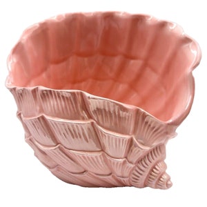 May include: A pink ceramic seashell planter. The planter is shaped like a large seashell with a smooth, glossy finish.