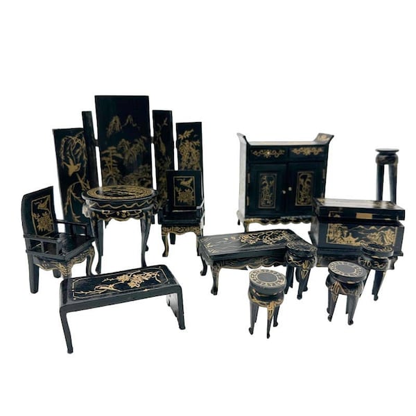 Doll House Miniature 13 Piece Furniture Set Black Lacquer w Gold Asian Set w Box