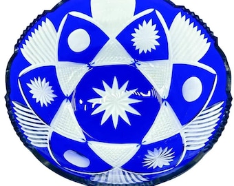 Cobalt Blue Crystal Cut to Clear Bowl with Scallop and Sawtooth Rim ~7.5" Diam