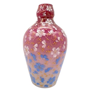 Antique Early Loetz Bottle Vase Victorian Art Glass Pink Ombre Cased with Enamel Flowers in Periwinkle White and Gold