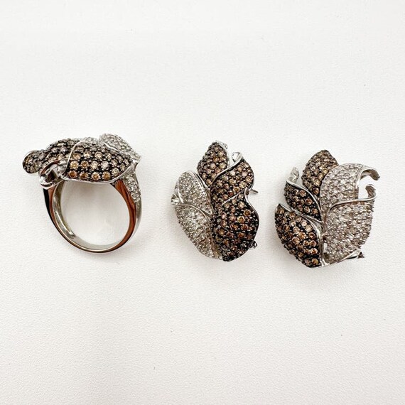 Champagne Brown and White Diamond Leaf Ring and E… - image 10