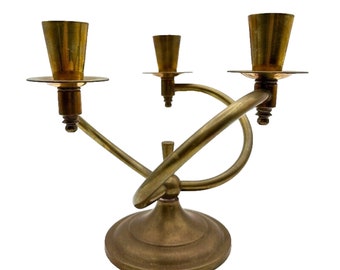 Mid Century Modern Brass Candelabra In Style of Tommi Parzinger Three Arm Spiral