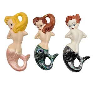 Freeman~McFarlin Style Mermaid Wall Plaque Trio Set Retro Tiki Bathroom Decor Hand Painted Chalkware Wall Hanging Vintage 1950s