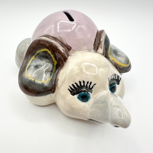 Studio Pottery Elephant Piggy Bank Hand Painted with Stopper Signed Juliana Vintage