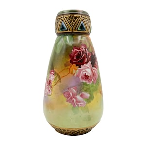 Antique Habsburg Austria Hand Painted Floral Vase Art Nouveau Secessionist with "Jeweled" Collar c 1890s 11.75" Signed P. Rene