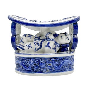 Antique Chinese Neck Pillow Blue and White Dragon Boat Porcelain - Elegant Chinoiserie Vintage Decor