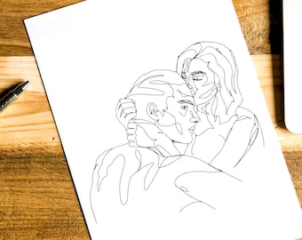 Custom portrait painting, Personalised portrait from photo, detailed line drawing of couple, children or pets