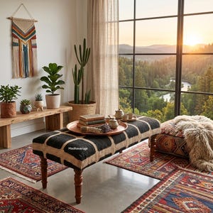 May include: A cozy living room scene with a patterned bench, rugs, and plants. A copper tray holds books and tea sets. A large window offers a scenic view of a forest and sunset. A macrame wall hanging adds a decorative touch.