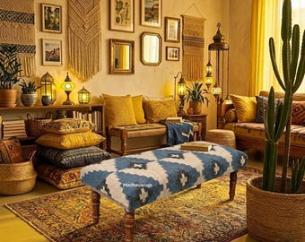 Handmade Kilim Jute Bench, Vintage Boho Style Ottoman, Entryway Bench with Wooden Legs-Rustic Kilim Upholstered Coffee Table and Living Room