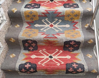 Alfombra Kilim Runner - Alfombra vintage para escaleras, de yute, hecha a mano, de lana, para pasillo, entrada, exterior, tejida a mano