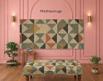 Banco tapizado Kilim tejido a mano - Otomana geométrica de yute y lana para recibidor con patas de madera de mango torneadas a mano, banco plegable de lana y madera
