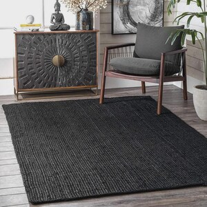 Hand-Braided Black Jute Runner Rug, Natural Fiber Hallway Carpet, Custom Size Rug, Square Jute Rug, Rectangular Jute Rug, Bohemian Style Rug