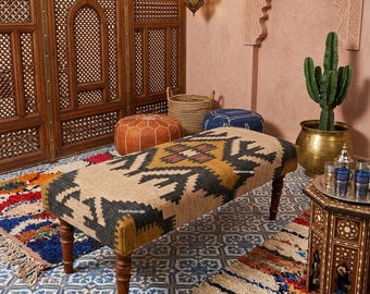 Bohemian Style Hand-Woven Kilim Bench with Moroccan Interior Decor, Handmade Wooden Bench with Kilim Upholstery, Upholstered Footstool