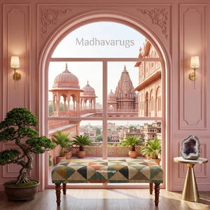 May include: A room with a large arched window overlooking a city with pink buildings. A bench with a geometric pattern sits in front of the window. A bonsai tree and a small table with a geode are also in the room. The text "Madhavarugs" is visible.